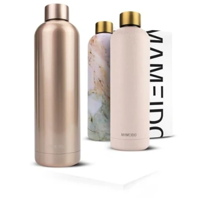 Image of MAMEIDO Metal Water Bottle 1l, 750ml &amp; 500ml Leak Proof Insulated Bottle. BPA Free Stainless Steel, Thermo Flask (Oak Wood Gold, 1000ml)