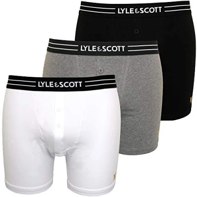 Image of Lyle &amp; Scott 3 Pack Placed Logo Button Fly Men&#039;s Boxer Briefs, Black/White/Grey Large