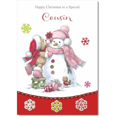 Image of doodlecards Cousin Christmas Card Cute Bear with Snowman Medium Size Plain Red Envelope, 21 x 15cm