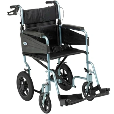 Image of Days Escape Wheelchair, Lite Aluminium, Lightweight with Folding Frame, Mobility Aids, Comfort Travel Chair Removable Footrests, Standard Size, Silver/Blue