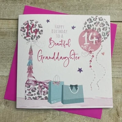 Image of WHITE COTTON CARDS GRANDDAUGHTER AGE 14 LEOPARD PRINT PRESSIES &amp; BALLOONS BIRTHDAY CARD, HAND FINISHED (S273 14)