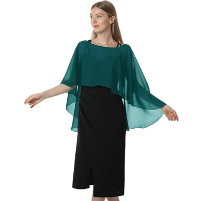 Image of Hotshawl Capelets for women Chiffon Cape Shawls and Wraps Evening Dress Wedding Capes Cover Up, Teal, One Size