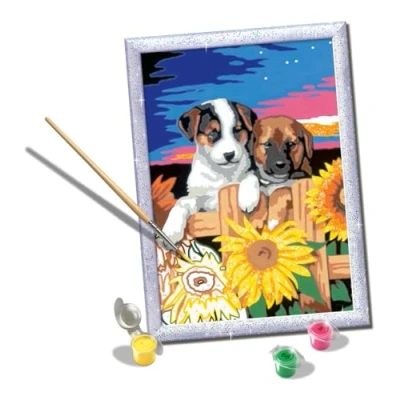 Image of Ravensburger CreArt D Series, Puppies with Sunflowers, Painting by Numbers, Numbers Kit, Animal Theme, Frame Included, Educational Game, Gift Idea Children 9+ Years, 26 x 20 cm