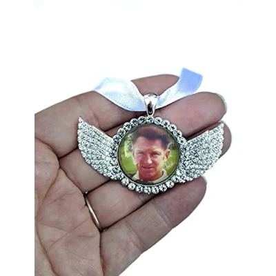 Image of Angel Wings Diamanté Hanging Decoration Memorial Bouquet Charm Keepsake for Wedding Funeral Bridal Gift Sparkle Personalised Photo Present
