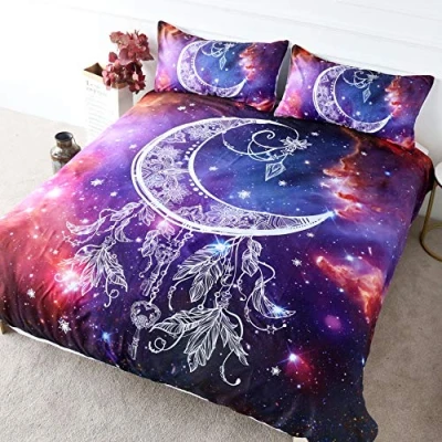 Image of BlessLiving Star Galaxy Bedding Crescent Moon Duvet Cover Purple Pink 3 Pieces Feather Design Quilt Space Bed Set (Double)