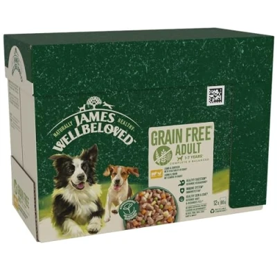Image of James Wellbeloved Grain Free Adult Dog Food with Lamb and Chicken in Gravy Pouch 12 x 90 g