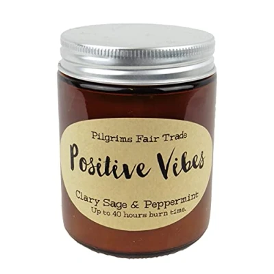 Image of Pilgrims Fair Trade Aromatherapy Soy Wax Jar Candle 200g Vegan Cruelty Free (Clary Sage &amp; Peppermint Positive Vibes)