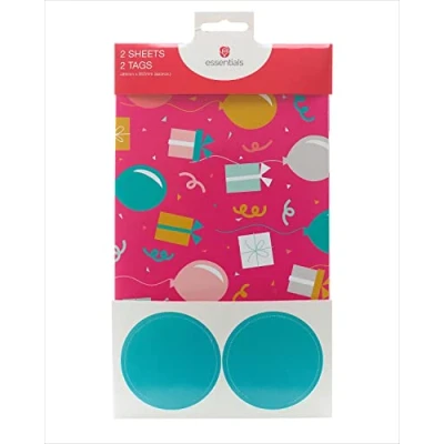 Image of Pink Presents &amp; Balloons Gift Wrap Pack Contains 2 Sheets Tags Wrapping Paper 689183