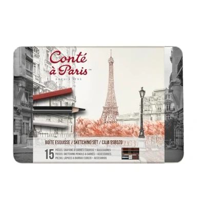 Image of Conté à Paris 750411 Esquisse Set in Metal Box 7 Sketch Pencils, 6 Carré Chalks and Accessories Eraser, Stumps