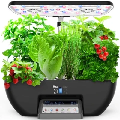 Image of Hydroponics Growing System, 17 Pods Herb Garden with 28W Full Spectrum Grow Lights &amp; 2 Fans, Indoor Smart Planter Water Pump, 10L Tank, Auto Timer, Height Adjustable Black Grey