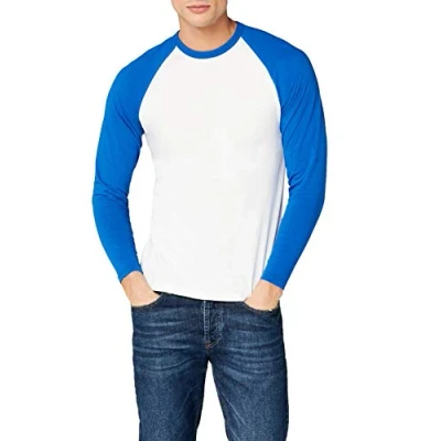Image of Fruit of the Loom Men&#039;s Baseball Classic Long Sleeve T Shirt, White/Royal Blue, Large
