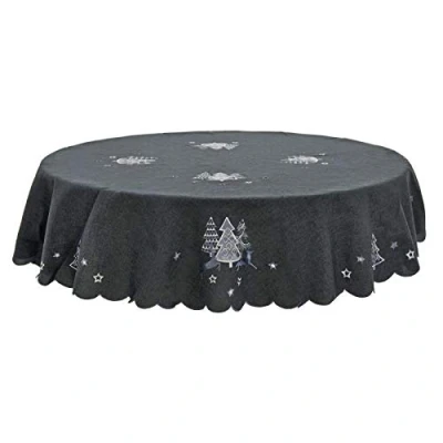Image of Mr Crimbo Christmas Tablecloth Dark Grey Fabric Luxury Silver Embroidered Trees 70&quot; Round