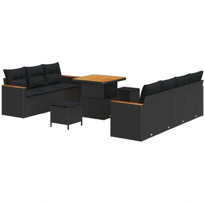 Image of vidaXL 10 Piece Garden Sofa Set with Cushions Black Poly Rattan Acacia