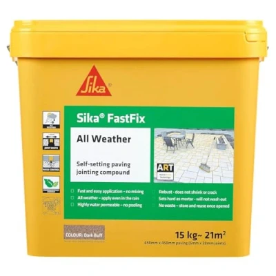 Image of Sika FastFix All Weather Self Setting Paving Jointing Compound Ready To Use No Mixing Required Dark Buff 15kg 21 sq. m