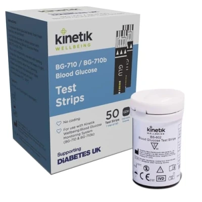 Image of Kinetik Wellbeing Blood Glucose Test Strips, Pack of 50 Compatible with Monitor BG 710 Home Diabetic Strips Used by The NHS for Level Monitors &amp; Diabetes Management