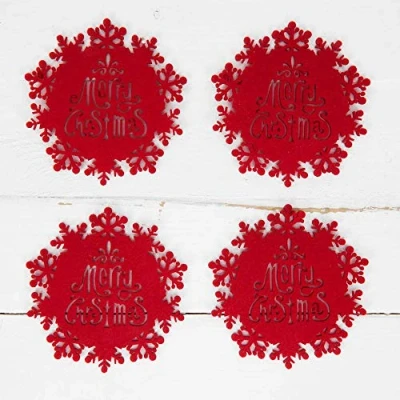 Image of Winter Wonderland Set of 4 Red Felt Christmas Snowflake Shaped Coasters Tied with a Green Ribbon