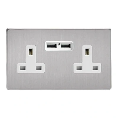 Image of Varilight 2 Gang, 13 Amp Unswitched Socket with Optimised USB Charging Ports, White Insert. Dimension Screwless Brushed Steel
