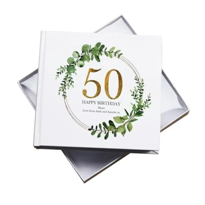 Image of Personalised 50th Birthday Gift for her Photo Album Gold Wreath Design