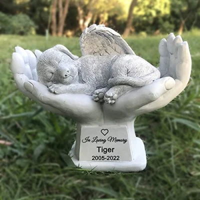Image of WouND Personalized Memorial Dog Angel Tribute Statue with in God&#039;s Hands, Pet Grave Marker Headstone Garden Stones Customizable Name and Date