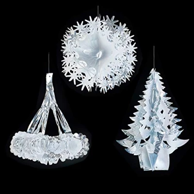 Image of SET of 3 Christmas Foil Ceiling Decoration Hanging 30cm 40cm Silver &amp; White