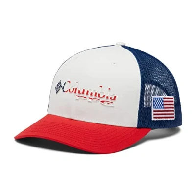 Image of Columbia PFG Logo Snap Back Ball Cap, Breathable, Adjustable, Red Spark/Us Flag, One Size
