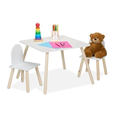 Image of Relaxdays Kids Table &amp; 2 Chairs Set, 3 Piece, Playroom Furniture, Children&#039;s Room Seating, Boys Girls, White/Natural, Fibreboard, Wood, 45 x 60 cm