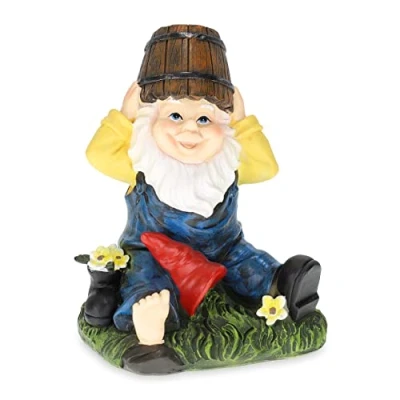 Image of Relaxdays Garden Gnome with Water Bucket, Weatherproof, Frostproof, HxWxD: 20 x 14.5 11.5 cm, Figure, Artificial Stone, Colourful