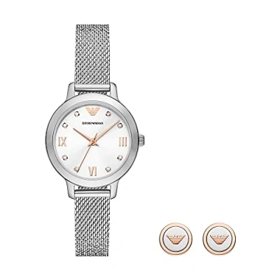 Image of Emporio Armani Watch for Women , Three Hand movement, 32MM Silver Recycled Stainless Steel (At Least 50%) case with a Mesh strap, AR80065SET