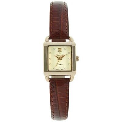 Image of Peugeot Women&#039;s Small Square Case Crystal Marker Genuine Leather Strap Watch, Brown, Small, Petite, Quartz Movement