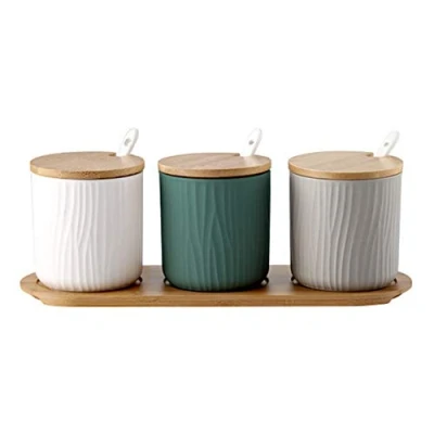 Image of OnePine Set of 3 Three Colors Sugar Bowl, Ceramic Spice Jar Condiment Pots with Bamboo Lid and Spoon for Home Kitchen