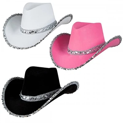 Image of A2ZFD Pack of 3 x Adult Ladies Texan Cowboy Hats (1 Pink Sequin + 1 White Black Sequin) : Wild West Cowgirl Hen Night Fancy Dress Accessory,L