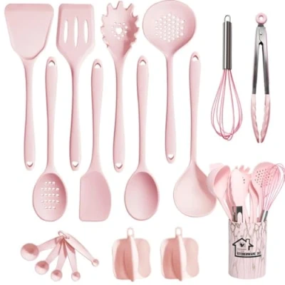 Image of UXIYI Silicone Utensil Set Kitchen Utensils, 18pcs Cooking Utensils Set, Including Turner Spatula Tong Spoon Non Stick Heat Resistant Gadgets,Pink