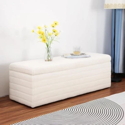 Image of Hanstore Storage Bench, Upholstered Sherpa Large Ottoman End of Bed Bench for Bedroom Living Room Entryway Dorm Foot Rest Rectangular
