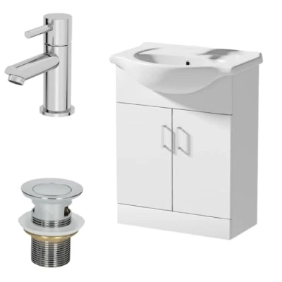 Image of Affine® 650mm Bathroom Vanity Unit Ceramic Sink Floorstanding Storage Cabinet Cupboard &amp; Malmo Basin Tap Waste Set, White Gloss