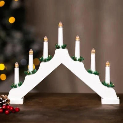 Image of Marco Paul White Wooden Christmas Candle Bridge Festive Traditional LED Lights Flameless Candles Large Decorations Indoor Living Room, Window Decoration Candlebridge
