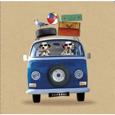 Image of UK Greetings General Greeting Card Dalmatian Dogs in a Campervan Enjoy Every Minute!