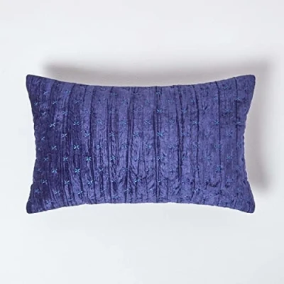 Image of HOMESCAPES Navy Blue Rectangular Crushed Velvet Cushion Cover with Embroidered Design Super Soft Dark Luxury Decorative Scatter 30 x 50cm Throw Pillow for Sofa or Bed Zip Closure