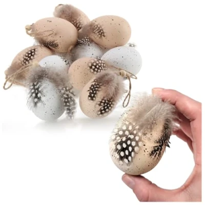 Image of com four® 12x Easter eggs to hang up with feathers in a natural egg look hanger for the bouquet made of plastic hanging decoration