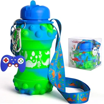 Image of CARESWAY Kids Water Bottle with Keyring 500ml Boys &amp; Girls Dinosaur Drinks Foldable Collapsible BPA Free Childrens Bottles for School