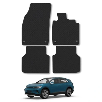Image of Rubber Car Mats Compatible with VW Id.4 (2021 ) Tailored Fit Floor Set Accessory Black Custom 4 Pieces Clips Anti Slip Backing, Heavy Duty &amp; Waterproof