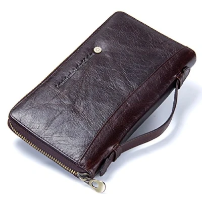 Image of Contacts Mens Real Leather Zipper Checkbook Organizer Wallet Clutch Purse Dark Coffee