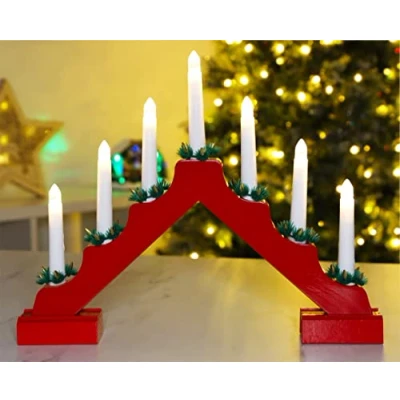 Image of Christmas Concepts® Red Wooden Candle Bridge With Warm White LED Lights Battery Operated