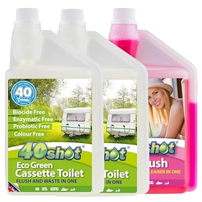 Image of 40Shot Eco Twin Pack Green Cassette Toilet Fluid &amp; Pink Flush Rinse 2 x 1L Concentrates 80 Doses Biocide Free, Septic Safe, Fresh Limescale Prevention