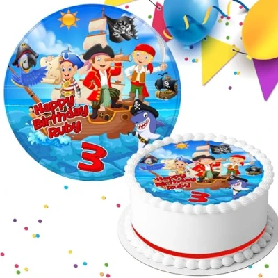 Image of Pirate Ship Happy Birthday Personalised 7.5 INCH Edible Icing Cake Topper Decoration B094