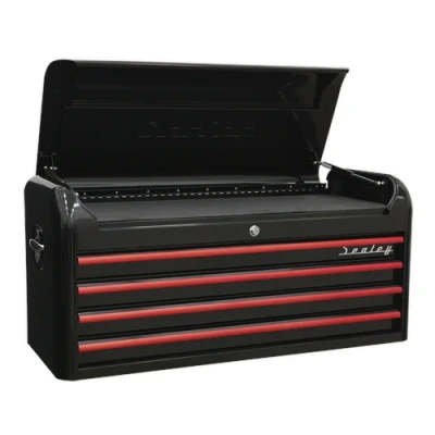 Image of Sealey Premier Topchest 4 Drawer Wide Retro Style Black with Red Anodised Pulls