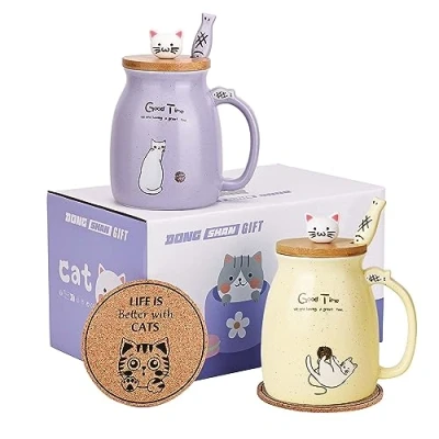 Image of Cat Mugs Set of 2 Cute Tea Cup Ceramic Coffee Mug with Kawaii Lid and Spoon for Women Girls Lovers 15oz/500ml Christmas Birthday Gift Mug(2 Pack Purple Yellow)