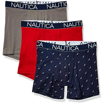 Image of Nautica Men&#039;s 3 pack Classic Underwear Cotton Stretch Boxer Briefs, Red/Platinum Grey/Sail Printpeacoat, L UK