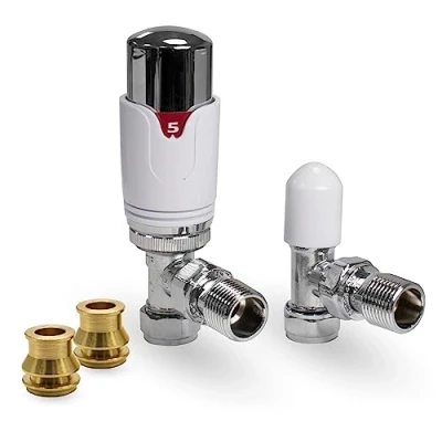 Image of Thermostatic TRV Angled White/Chrome Radiator Valves 1/2&quot; x 15mm with Brass Reducer Compression Valve to 10mm