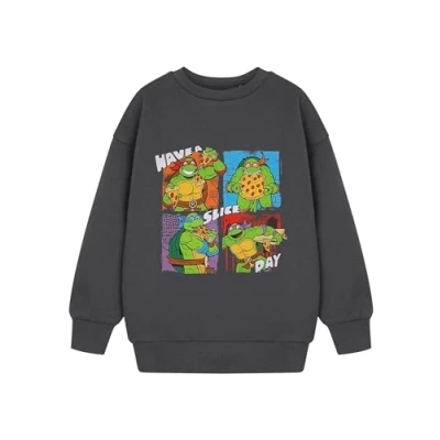 Image of Teenage Mutant Ninja Turtles Boys Grey Sweatshirt Have A Slice Day Graphic Sweater TMNT Kids Apparel Leonardo, Michelangelo, Donatello &amp; Raphael Fun Cartoon Movie Merchandise