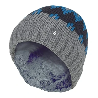Image of HEAT HOLDERS Boys Thick Warm Ribbed Woven Knitted Soft Beanie Hat (7 10 Years, Pebble Melange/Teal/Navy)